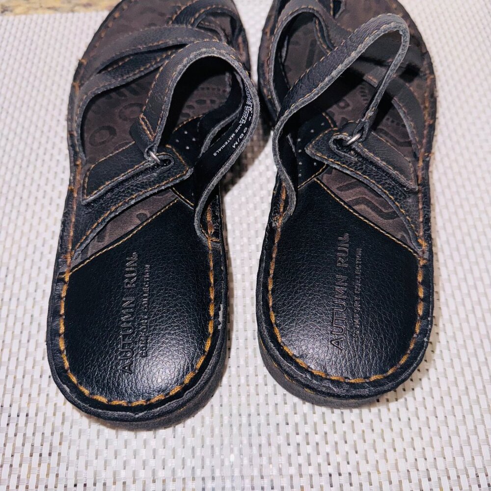 Autumn Run Leather Strappy Sandal Black 9 Cushion Comfort Wedge Adjustable Strap - Picture 5 of 10